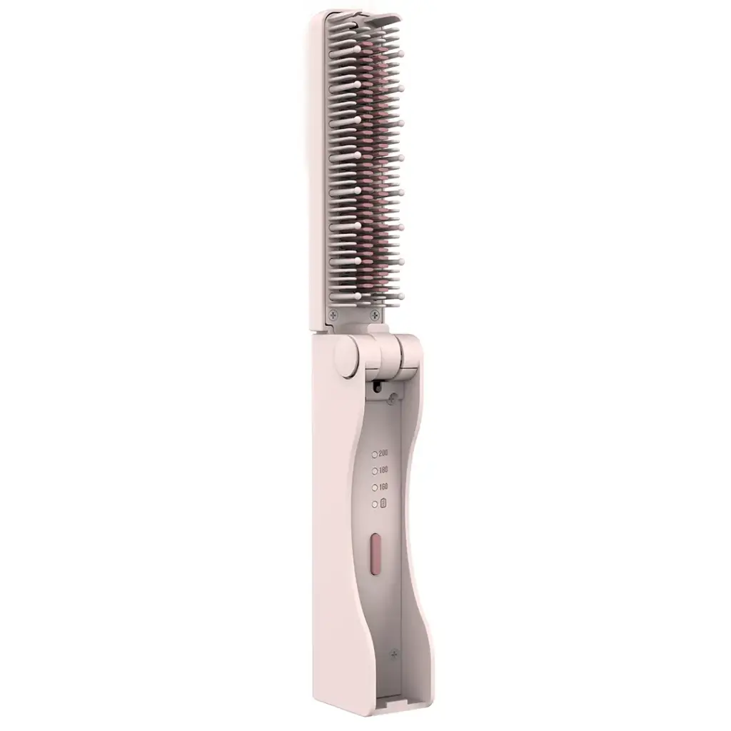 Lifestyle Rechargeable & Foldable Mini Electrical Hair Straightener Comb / Even Heat Distribution Brush / Ceramic‐Coated Teeth / 3 Heat Modes / Auto Safety Shut‐off - Pink