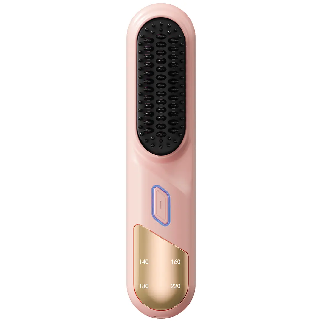 Cordless Hair Straightening Comb with 4 Adjustable Temperature Levels / USB-C Fast Charging / 4000mAh Battery / Ceramic Teeth for Smooth Hair / Auto Shut-Off Safety Feature - Portable & Rechargeable - Pink